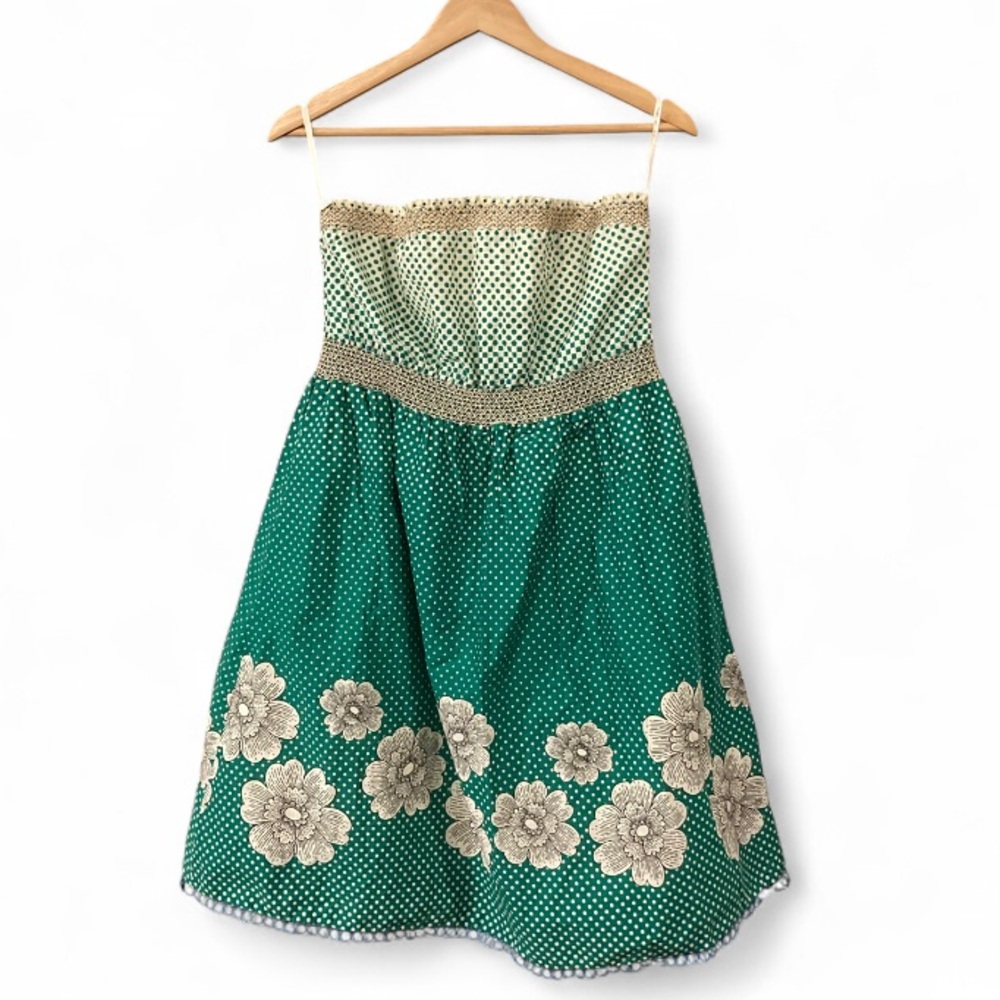 Maeve Green and Cream Strapless Polka Dot Floral Dress